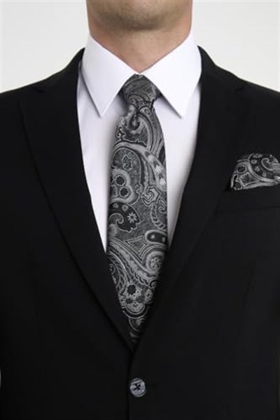 Siyah Gri Şal Motif Desen Kravat Mendil Set