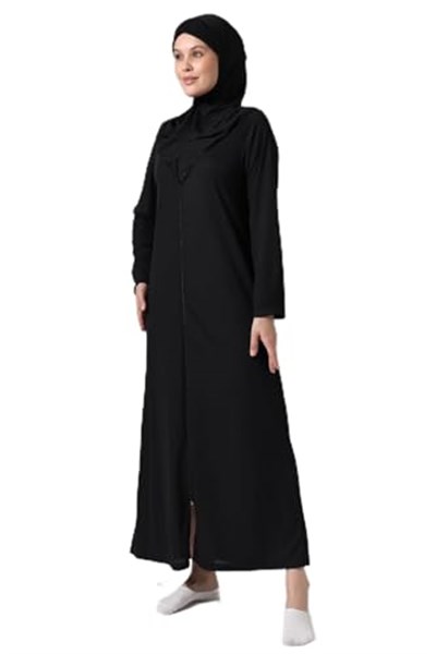 Siyah Kadın Fermuarlı Tek Parça Kendinden Örtülü Namaz Elbisesi