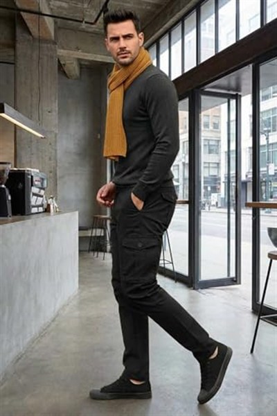 Siyah Kargo Pantolon - Likralı Pamuklu Gabardin Kumaş Erkek Kargo Pantolon - Outdoor Pantolon