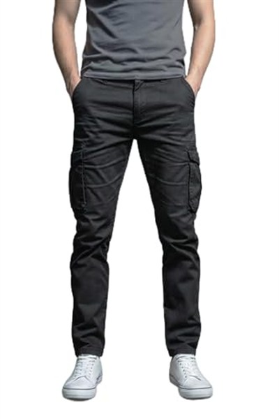 Siyah Kargo Pantolon - Likralı Pamuklu Gabardin Kumaş Erkek Kargo Pantolon - Outdoor Pantolon