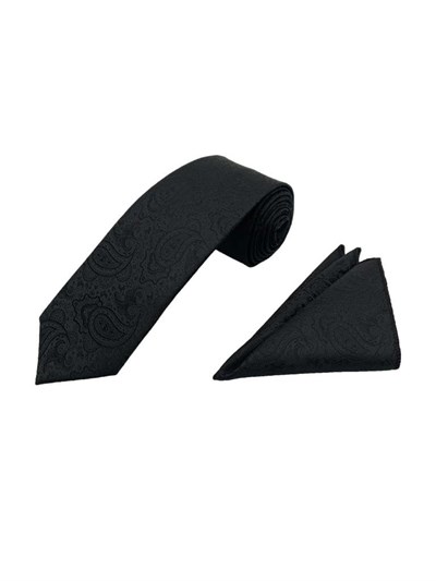Siyah Şal Desen Kravat Mendil Set