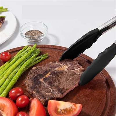 Siyah Silikon Uçlu Mutfak Maşası - 23 cm, Asma kilit sistemli paslanmaz çelik sap, Kolay Kavrama, Mangal, Salata, Makarna, Barbekü, Kamp için Uygun