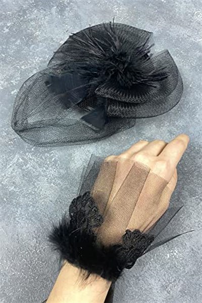 Siyah Vualet Nikah Şapkası Saç Aksesuarı Ve Savin Tüylü Bilek Aksesuarı