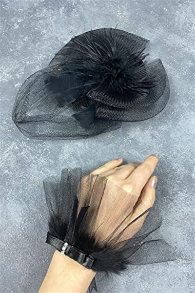 Siyah Vualet Nikah Şapkası Saç Aksesuarı Ve Sina Bilek Aksesuarı