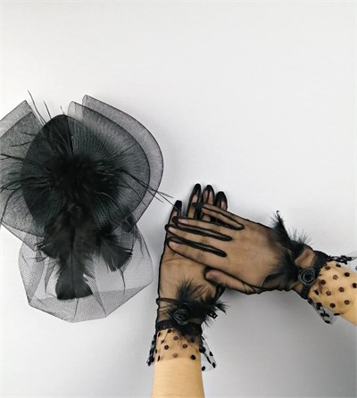 Siyah Vualet ve Siyah Otriş Tüylü Gelin Eldiveni