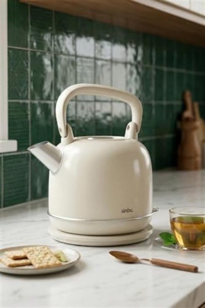 SK-8035 Bej Retro Kettle 2.2L Paslanmaz Çelik Elektrikli Su Isıtıcı 360° Kablosuz 1800W