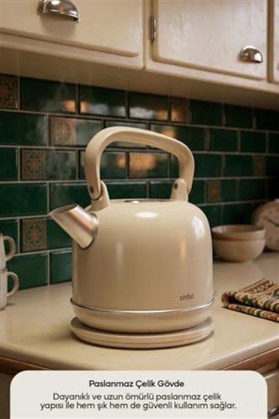 SK-8035 Bej Retro Kettle 2.2L Paslanmaz Çelik Elektrikli Su Isıtıcı 360° Kablosuz 1800W