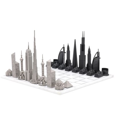 Skyline Chess Paslanmaz Çelik Izgara Desenli Mermer Dünya Simgeleri