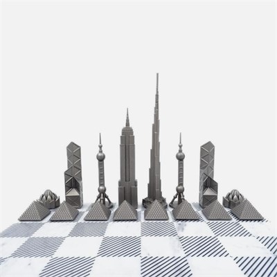 Skyline Chess Paslanmaz Çelik Izgara Desenli Mermer Dünya Simgeleri