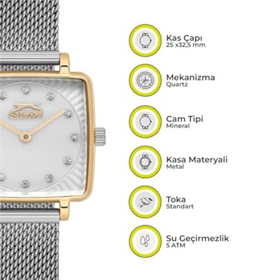 SLAZENGER, GOLD KARE KASA, BEYAZ KADRAN, ÇELİK HASIR KORDON, TAŞLI, QUARTZ, 25MM, 3ATM, KADIN KOL SAATİ, SL.09.2255.3.09