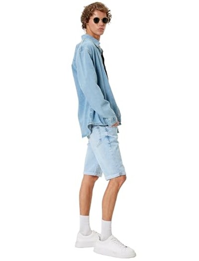 Slim Fit Kot Şort Bermuda Katlama Paçalı Düğme Detaylı