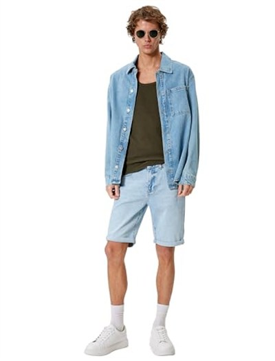Slim Fit Kot Şort Bermuda Katlama Paçalı Düğme Detaylı