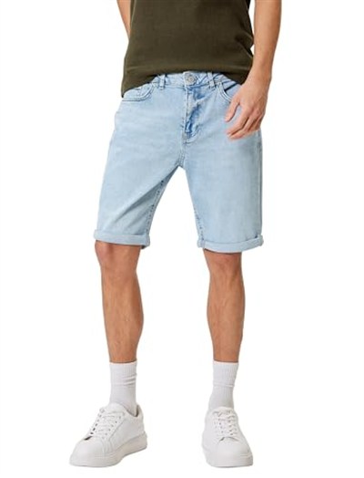 Slim Fit Kot Şort Bermuda Katlama Paçalı Düğme Detaylı