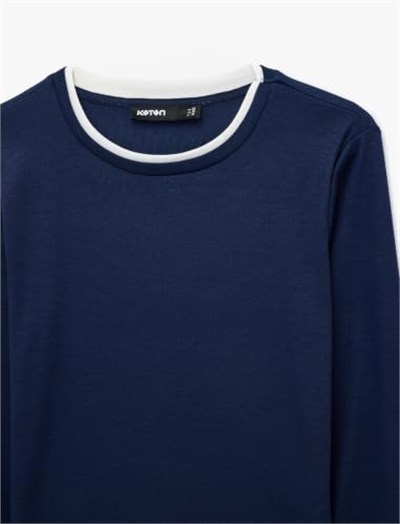 Slim Fit Renk Kontrastlı Katmanlı Uzun Kollu Bisiklet Yaka Tişört - Bedenler: M, L