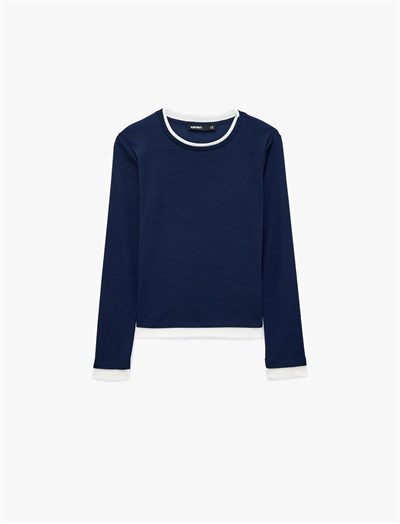 Slim Fit Renk Kontrastlı Katmanlı Uzun Kollu Bisiklet Yaka Tişört - Bedenler: M, L