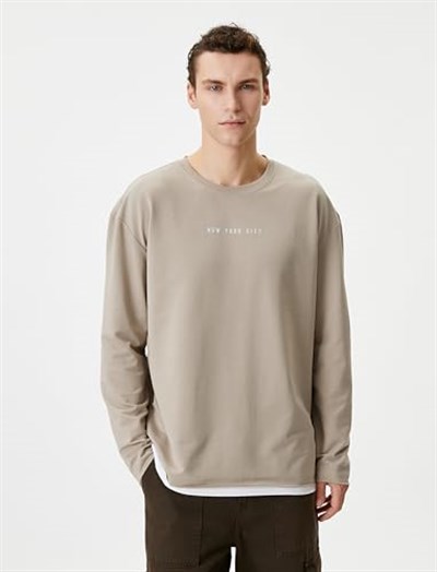 Slogan Baskılı Sweat Bisiklet Yaka Kumaş Detaylı