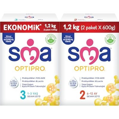 SMA Optipro 3, 1-3 Yaş Devam Sütü, 1.2 kg (2 x 600 g) ve SMA Optipro 2, 6-12 Ay Bebek Sütü, 1.2 kg (2 x 600 g)