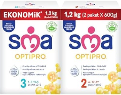 SMA Optipro 3, 1-3 Yaş Devam Sütü, 1.2 kg (2 x 600 g) ve SMA Optipro 2, 6-12 Ay Bebek Sütü, 1.2 kg (2 x 600 g)