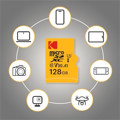 Smartree Kodak Mikro SD kart, 128 GB, UHS-I U3 V30 A1 microSDHC/XC – Mikro SD hafıza kartı – 95 MB/sye kadar okuma hızı – yazma hızı maks. 85 MB/s – ek bellek multimedya cihazları