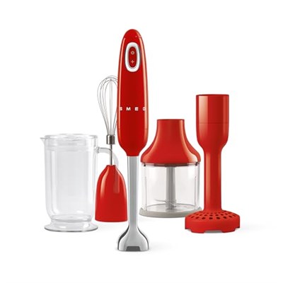 SMEG HBF22RDEU el mikseri, turbo fonksiyonu ve Flowblend kesme sistemi, kaymaz saplı, entegre kablo sargısı, aksesuarlar dahil, güç 700 W, kırmızı
