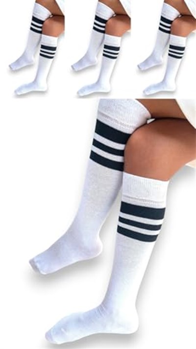 SOCKS Daily 4 Çift Kız Çocuk, Kadın Beyaz Çizgili Kaymayan Diz Altı Orta Okul Lise Kolej Okul Çorabı
