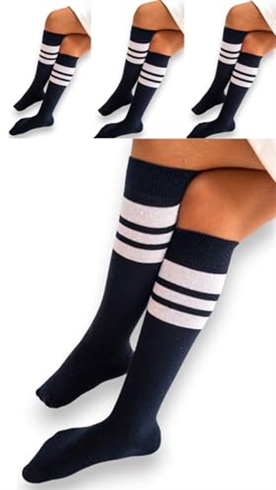 SOCKS Daily 4 Çift Kız Çocuk, Kadın Lacivert Çizgili Kaymayan Diz Altı Orta Okul Lise Kolej Okul Çorabı