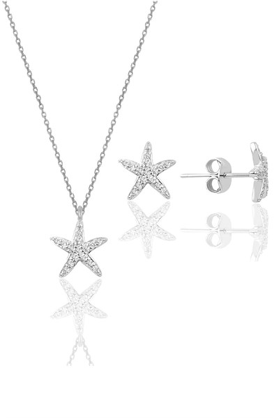 Söğütlü Silver Gümüş rodyumlu zirkon taşlı deniz yıldızı kolye ve küpe ikili set