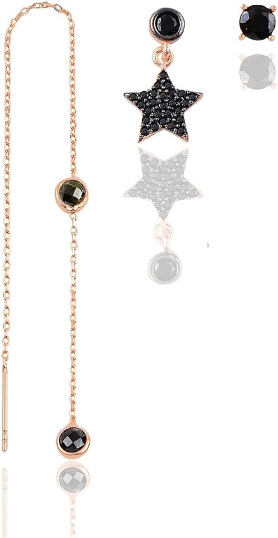 Söğütlü Silver Gümüş rose onix taşlı yıldız kombin üçlü küpe seti