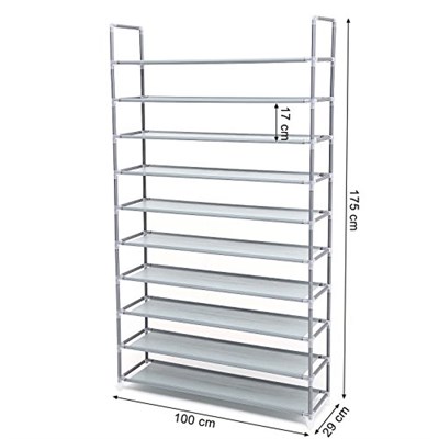 SONGMICS 10 Katlı Ayakkabı Rafı, 100x29x175 CM, Gri, LSR10G