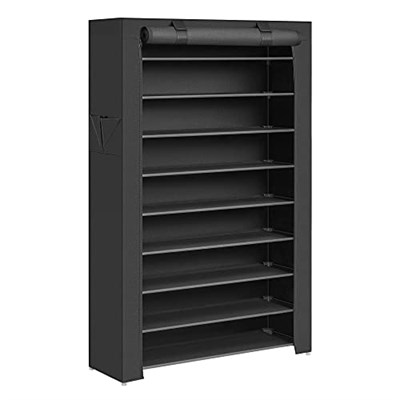SONGMICS 10 Katlı Ayakkabı Rafı 28x88x160 cm Ayakkabı Dolabı, Ayakkabı Depolama, Toz Geçirmez Kapaklı Ayakkabı Organizatörü, Yüksek Topuklu Spor Ayakkabı için uygun, Metal Raf, siyah, RXJ36HV1