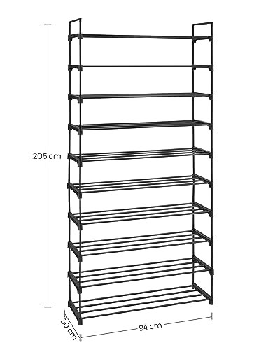 SONGMICS 10 Seviyeli Ayakkabı Rafı, 50 Çifte Kadar Metal Ayakkabı Saklama Yeri, Oturma Odası, Koridor ve Giyinme Odası İçin Ayakkabı Düzenleyici, 92 x 30 x 194 cm, Siyah Lsa10Bk