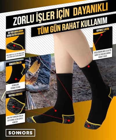 SONNORS 3 Çift Erkek Çorap - Uzun Havlu Kışlık Outdoor Kamp Kar Çorabı Kadın - Pamuklu Yastıklı Nefes Alabilen Kalın Çorap - Siyah