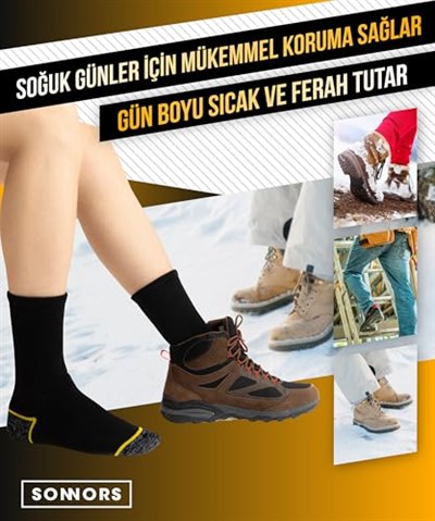 SONNORS 3 Çift Erkek Çorap - Uzun Havlu Kışlık Outdoor Kamp Kar Çorabı Kadın - Pamuklu Yastıklı Nefes Alabilen Kalın Çorap - Siyah