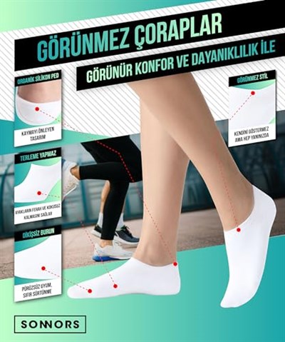 SONNORS 6 Çift Görünmez Kaymaz Silikonlu Babet Kadın Erkek Çorap - No Show Organik Pamuk Bambu Yumuşaklığı Kısa Bilek Spor Ayakkabı Çorabı Patik Çarık Çorap - Beyaz ve Siyah