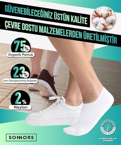SONNORS 6 Çift Görünmez Kaymaz Silikonlu Babet Kadın Erkek Çorap - No Show Organik Pamuk Bambu Yumuşaklığı Kısa Bilek Spor Ayakkabı Çorabı Patik Çarık Çorap - Beyaz ve Siyah