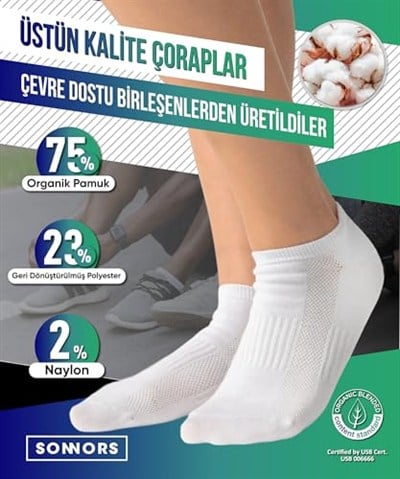 SONNORS 6 Çift Uniseks Sneaker Kadın Erkek Çorap - Organik Pamuk Patik Spor Çorabı - Kısa Çorap Dikişsiz Rahat Kalıp - Beyaz Siyah Gri