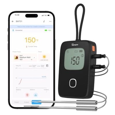 SONOFF Et Termometresi, Sigara İçen Fırın için Kablosuz Et Termometresi, 2 Problu Dijital Izgara Termometresi, Zamanlayıcı Modu, Akıllı LCD Arka Işık, Bildirim Uyarısı, Barbekü Termometresi