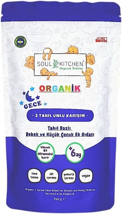 Soul Kitchen Organik Bebek Gece Maması Tahıl Bazlı B1 Vitaminli Ek Gıda 3 Tahıl Unlu Karışım 250gr