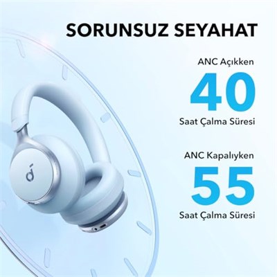 Soundcore Space One Kulak Üstü Bluetooth Kulaklık, Uyarlanabilir Aktif Gürültü Engelleme, 40 Saat Pil Ömrü, Yüksek Çözünürlüklü Ses, Hafif Tasarım, Mavi - A3035