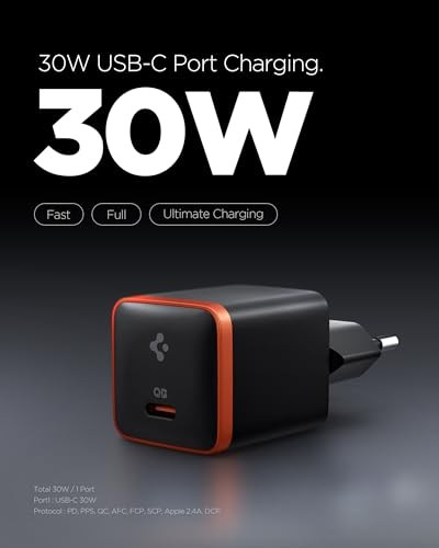 Spigen 30W USB-C Ultra Mini Hızlı Şarj Aleti PPS Desteği/Isı Düşürücü GaN Destekli Akım Korumalı Güç Adaptörü iPhone & Android & iPad & MacBook Type-C Black- ACH08448