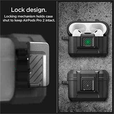 Spigen AirPods Pro 2 ile Uyumlu Kılıf Lock Fit Kilit Mekanizmalı Siyah Kapak - ACS05485 (Spigen TR Garantili) | Güvenli Kilitleme Klipsi, Çift Katmanlı Koruma, Dahil Karabina, Kablosuz Şarj Uyumlu - M