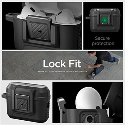 Spigen AirPods Pro 2 ile Uyumlu Kılıf Lock Fit Kilit Mekanizmalı Siyah Kapak - ACS05485 (Spigen TR Garantili) | Güvenli Kilitleme Klipsi, Çift Katmanlı Koruma, Dahil Karabina, Kablosuz Şarj Uyumlu - M