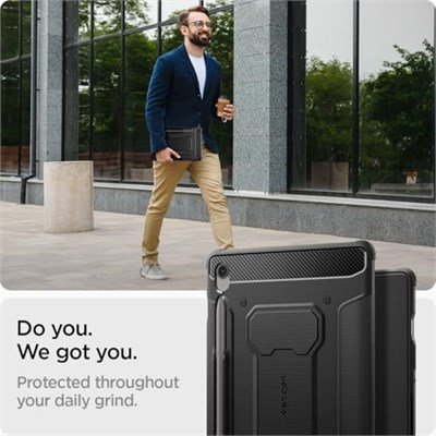 Spigen Galaxy Tab S10 FE / S9 ile Uyumlu Kılıf Rugged Armor Pro Stand özellikli Üst Düzey Koruma Siyah Karbon Kapak - ACS09380 (Spigen TR Garantili)