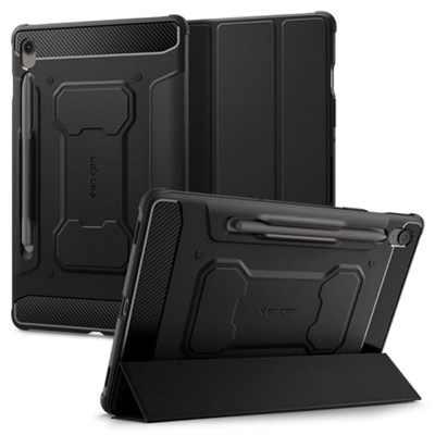 Spigen Galaxy Tab S10 FE / S9 ile Uyumlu Kılıf Rugged Armor Pro Stand özellikli Üst Düzey Koruma Siyah Karbon Kapak - ACS09380 (Spigen TR Garantili)