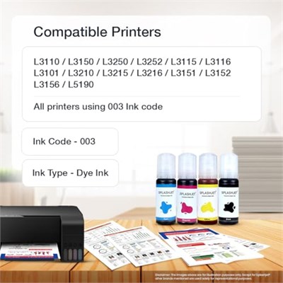 Splashjet Epson L3110, L3150, L3250, L3252, L3115, L3116, L3101, L3210, L3215, L3216, L3151, L3152, L3156, L5190 Prins için 003 Uyumlu Yedek Mürekkep ters (çok renkli, 70 gm) - 501737