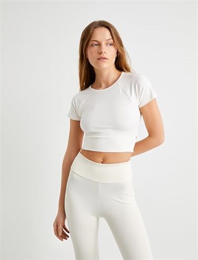 Spor Crop Yoga Tişört Kısa Kollu Bisiklet Yaka Bağlama Detaylı Slim Fit