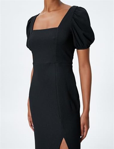 Square Neck Puff Sleeve Midi Slit Dress