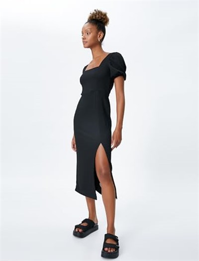 Square Neck Puff Sleeve Midi Slit Dress