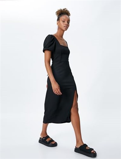 Square Neck Puff Sleeve Midi Slit Dress