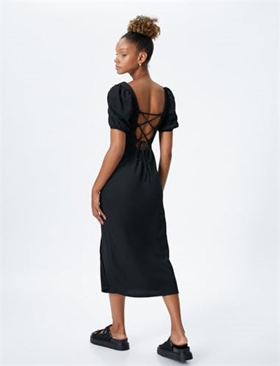 Square Neck Puff Sleeve Midi Slit Dress